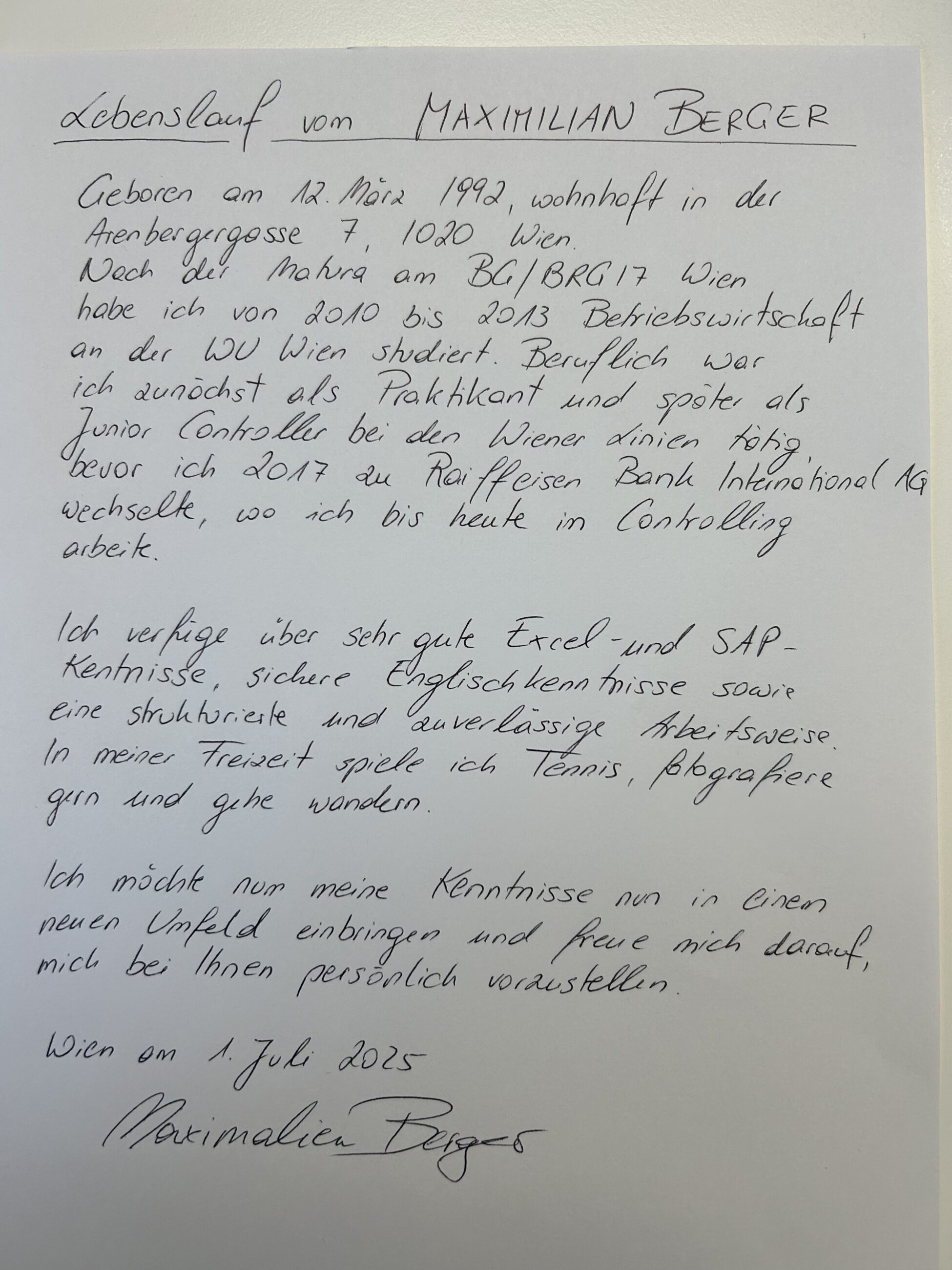 Handgeschriebener Lebenslauf Handgeschriebener Lebenslauf
