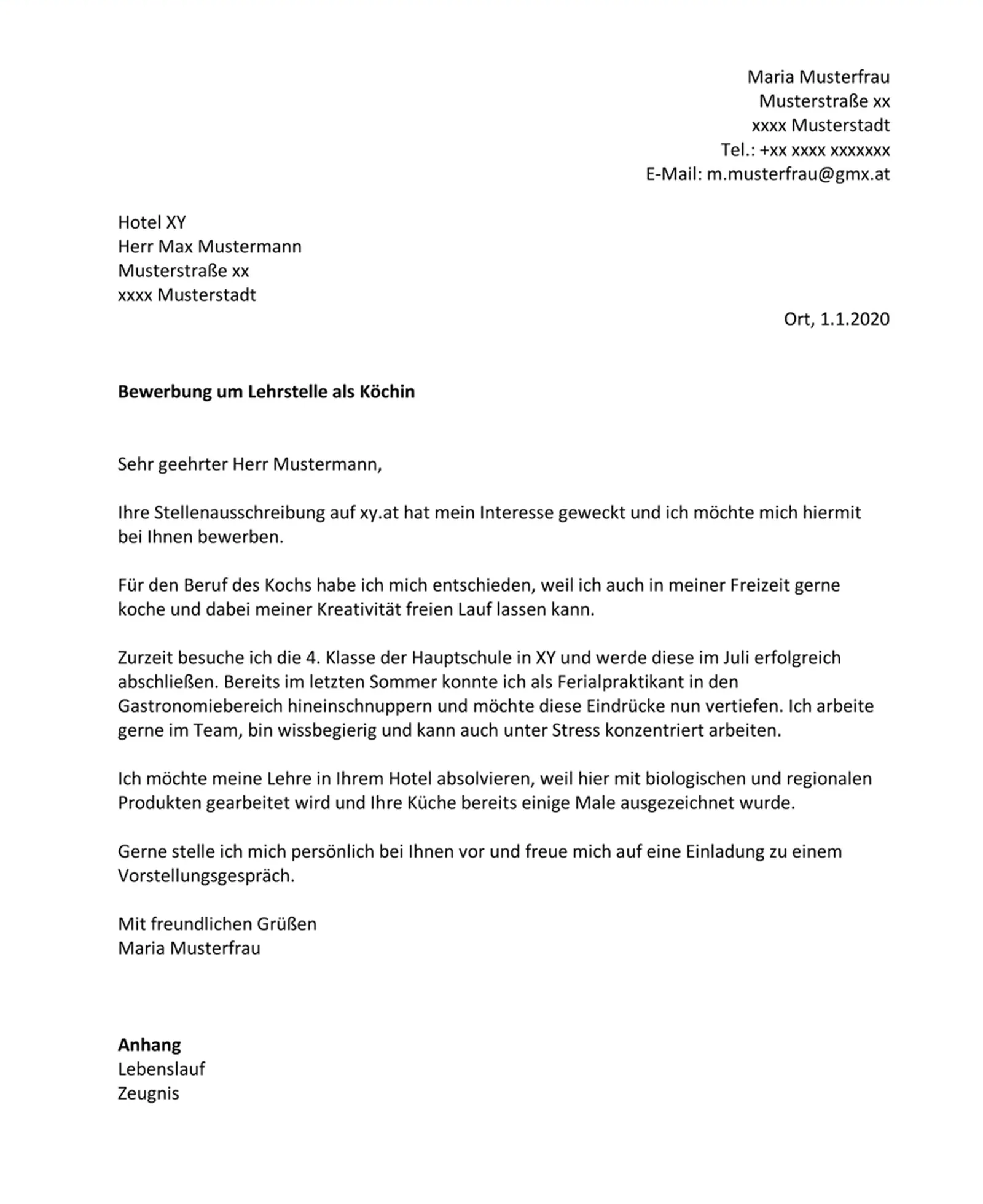 Bewerbung Lehrstelle Vorlage