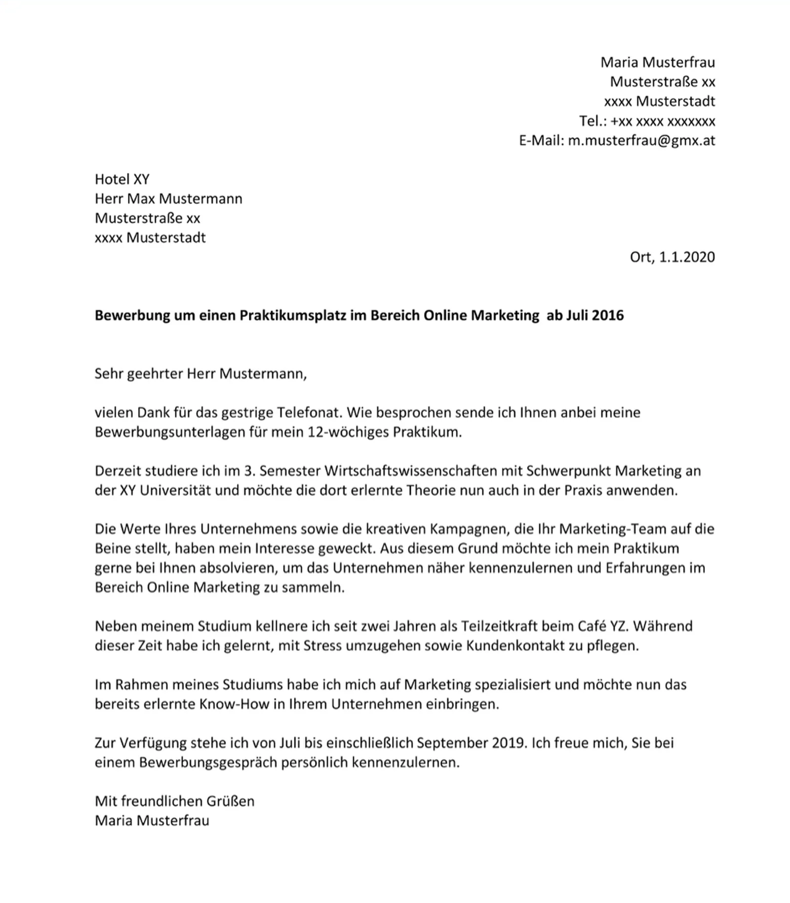 Bewerbung Praktikum Vorlage